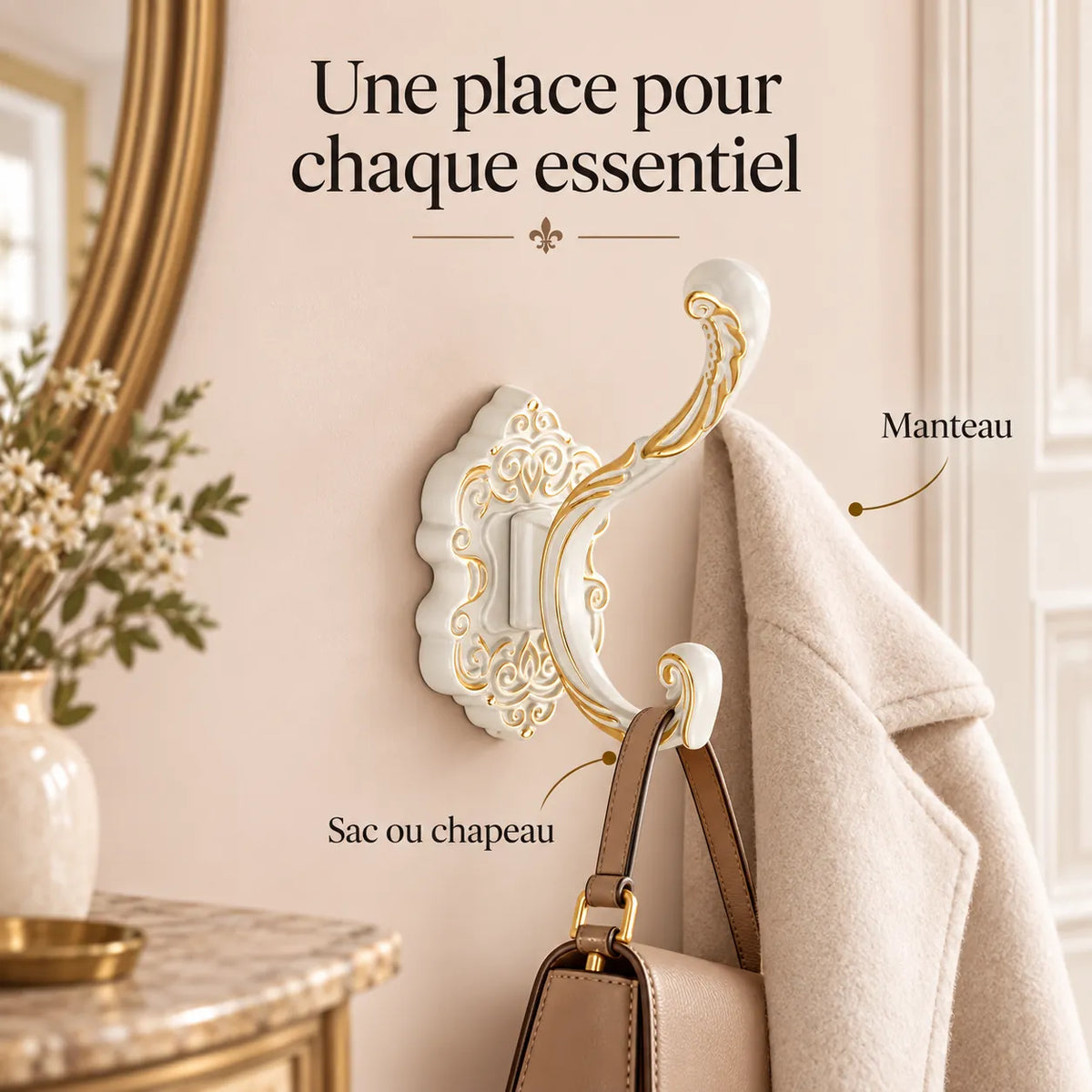 Crochet mural baroque blanc - utilisation pour manteau et accessoires