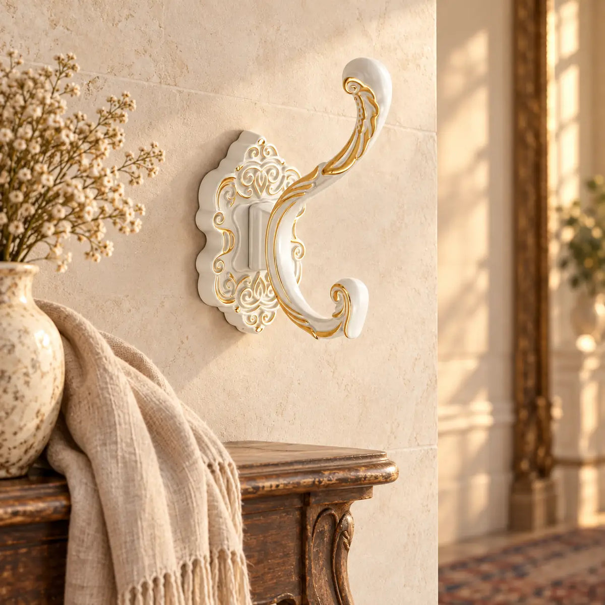 Crochet mural baroque blanc - ambiance dans un couloir vintage